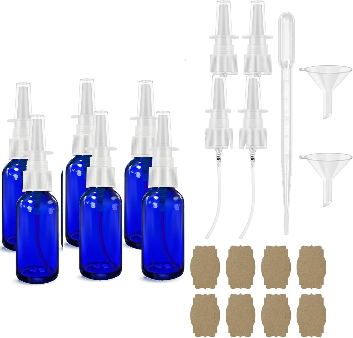 Fles 30ml Glas, 4 Stks/6 STKS Lege Neusspray Zoutoplossing Hervulbaar, Fijne Mist, Glas Direct Spray 2Container met Nozzles, 2* trechter, 1* druppelaar, 8* label (Set B)