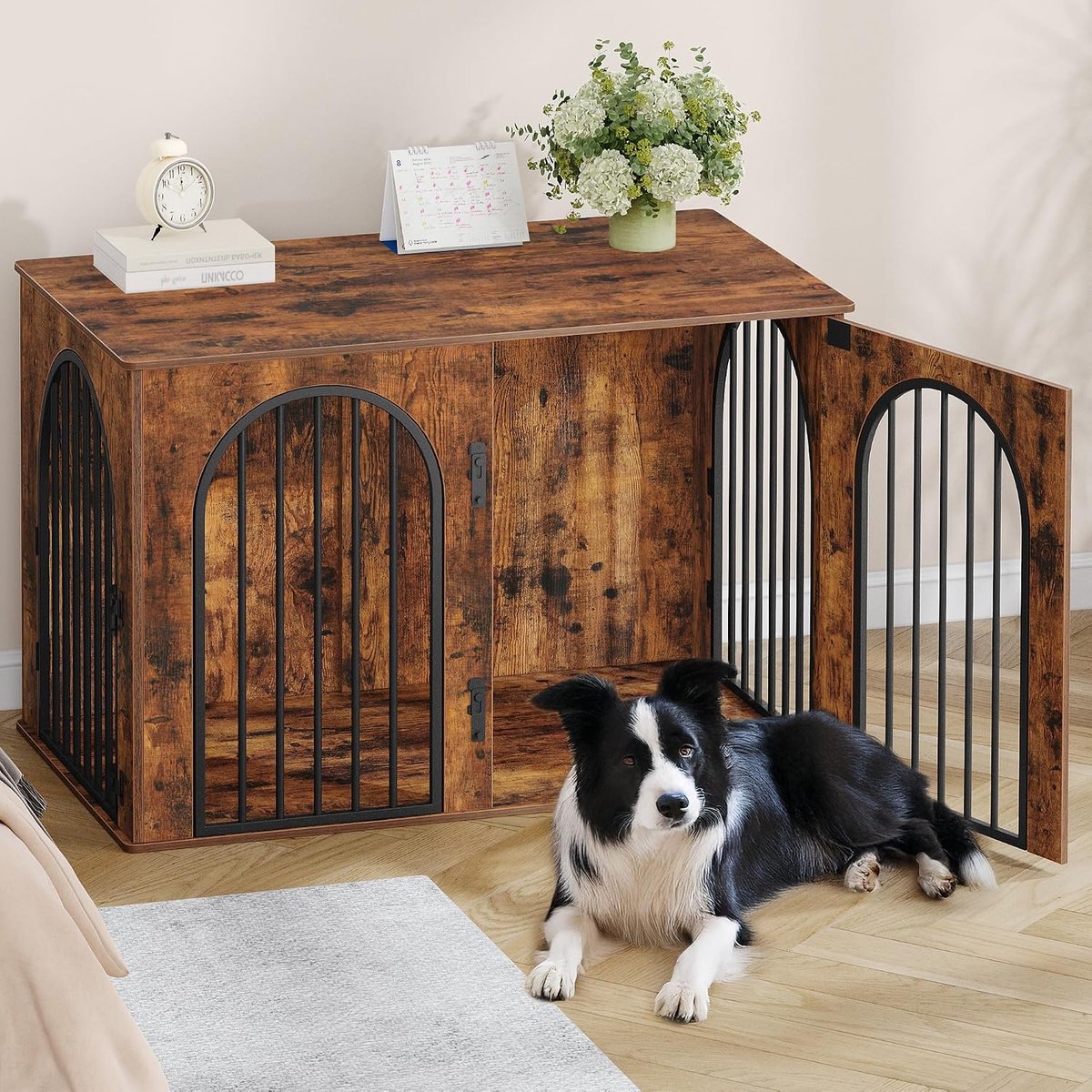 108 cm Hondenbench, meubel, hondenbox, 3 deuren, gebogen deur, moderne hondenboxs binnen voor honden, bijzettafel, hondenkooi voor thuis, robuuste hondenbox, 108 x 64 x 76 cm, Vintage Bruin