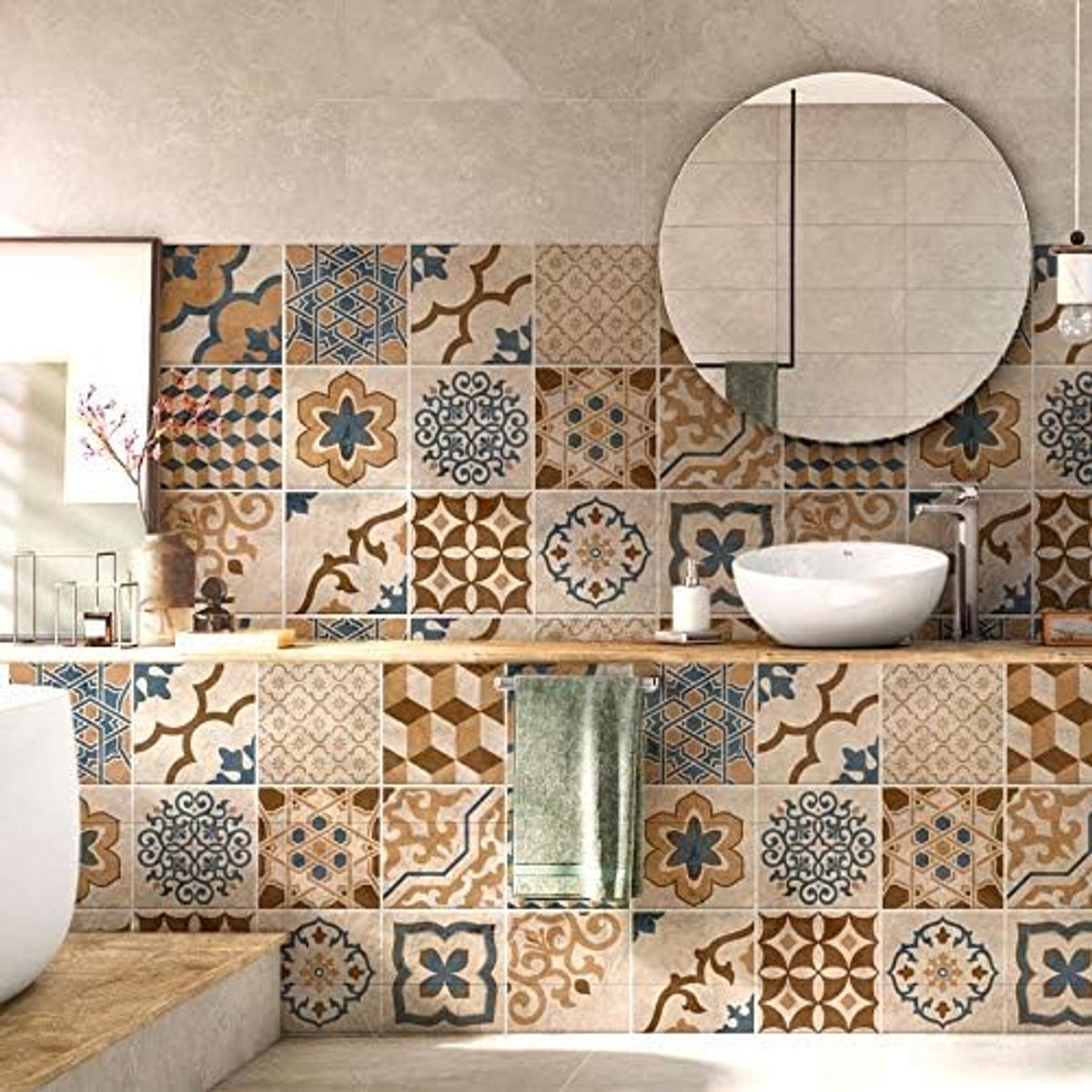 Tegelstickers Badkamer en Keuken 24 Pcs 10x10 cm - PS00204 Wanddecoratie van PVC Waterbestendig Tegels Mozaïek Cementtegels in Azulejos-stijl