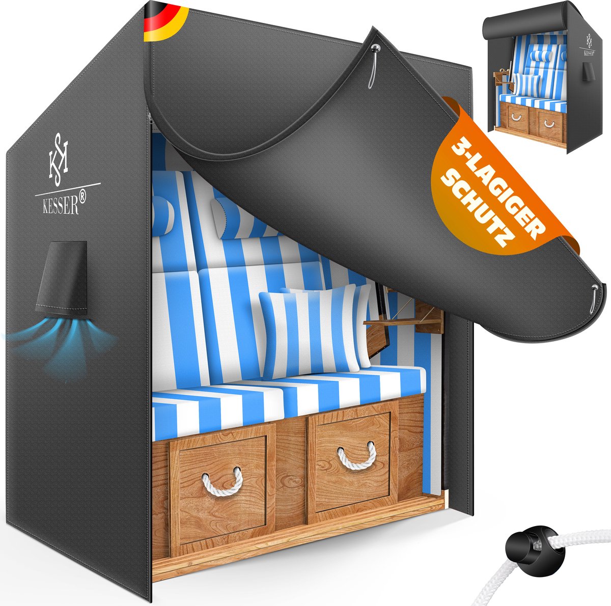KESSER® Strandstoelhoes - waterdicht 600D, UV-bescherming, ventilatievenster - 135 cm, antraciet