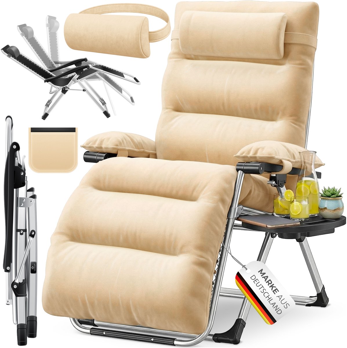 KESSER® Ligstoel - Inklapbaar en extra breed - Verstelbare rugleuning met nekkussen - 200 kg - Beige