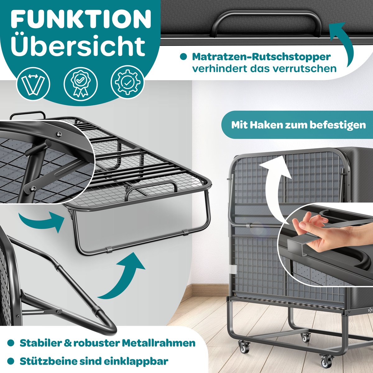 KESSER® Opklapbed 200 x 90 cm - Logeerbed met traagschuimmatras - Tot 250 kg - Antraciet Deluxe Plus thumbnail 6