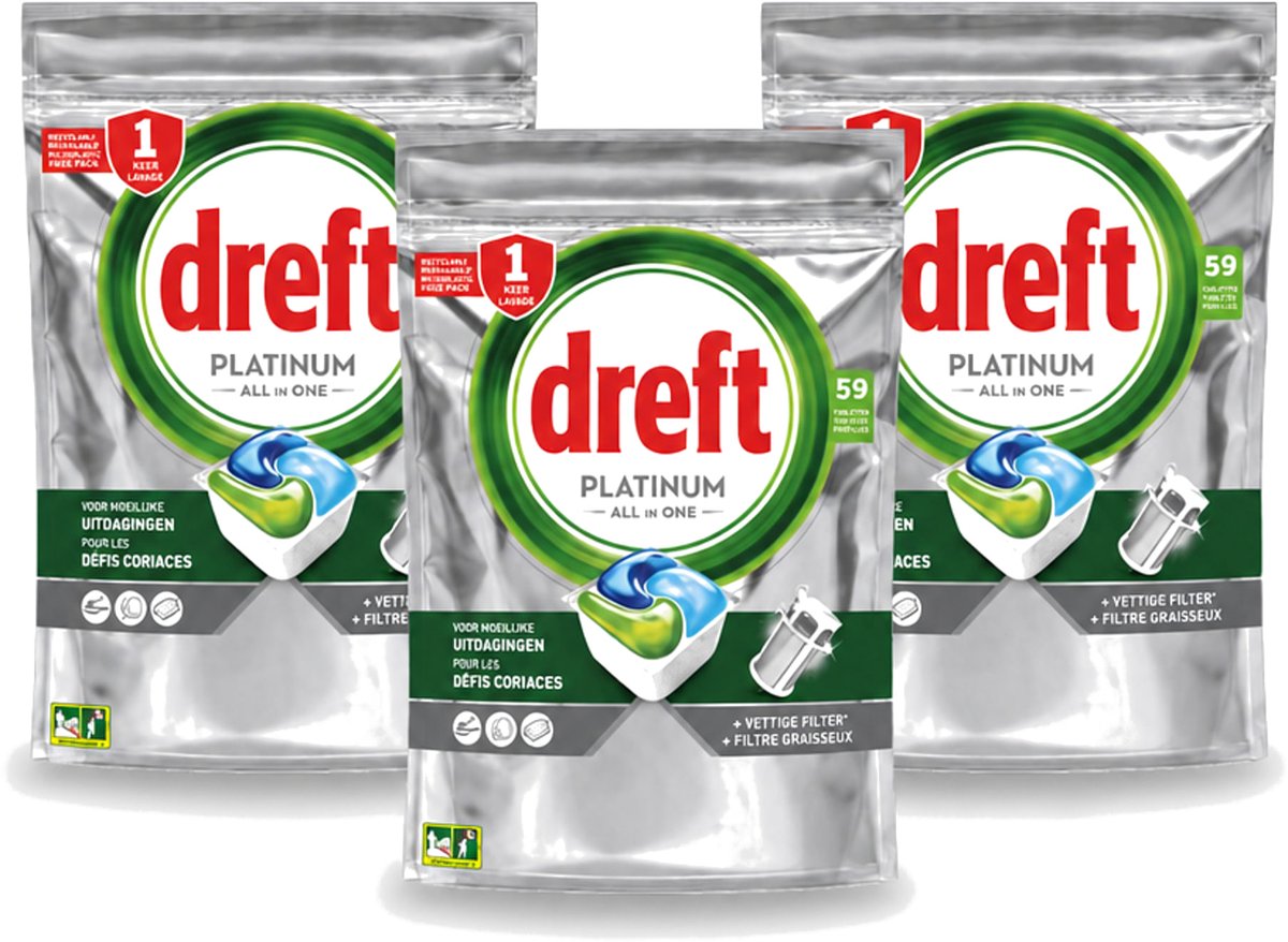 3 x Dreft – Vaatwastabletten – Platinum All-in-One Original – 59 Tabletten - Voordeelverpakking - 3 stuks