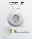 Witte ronde LED nachtlamp met stopcontact. Drie standen (Aan, Uit, Auto) met automatische schemerregeling. De lamp activeert bij minder dan 21 lux.