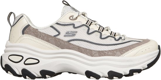 Wit leren Skechers D'LITE MAX dames sneaker met beige en grijze accenten en een dikke witte zool met zwarte details.