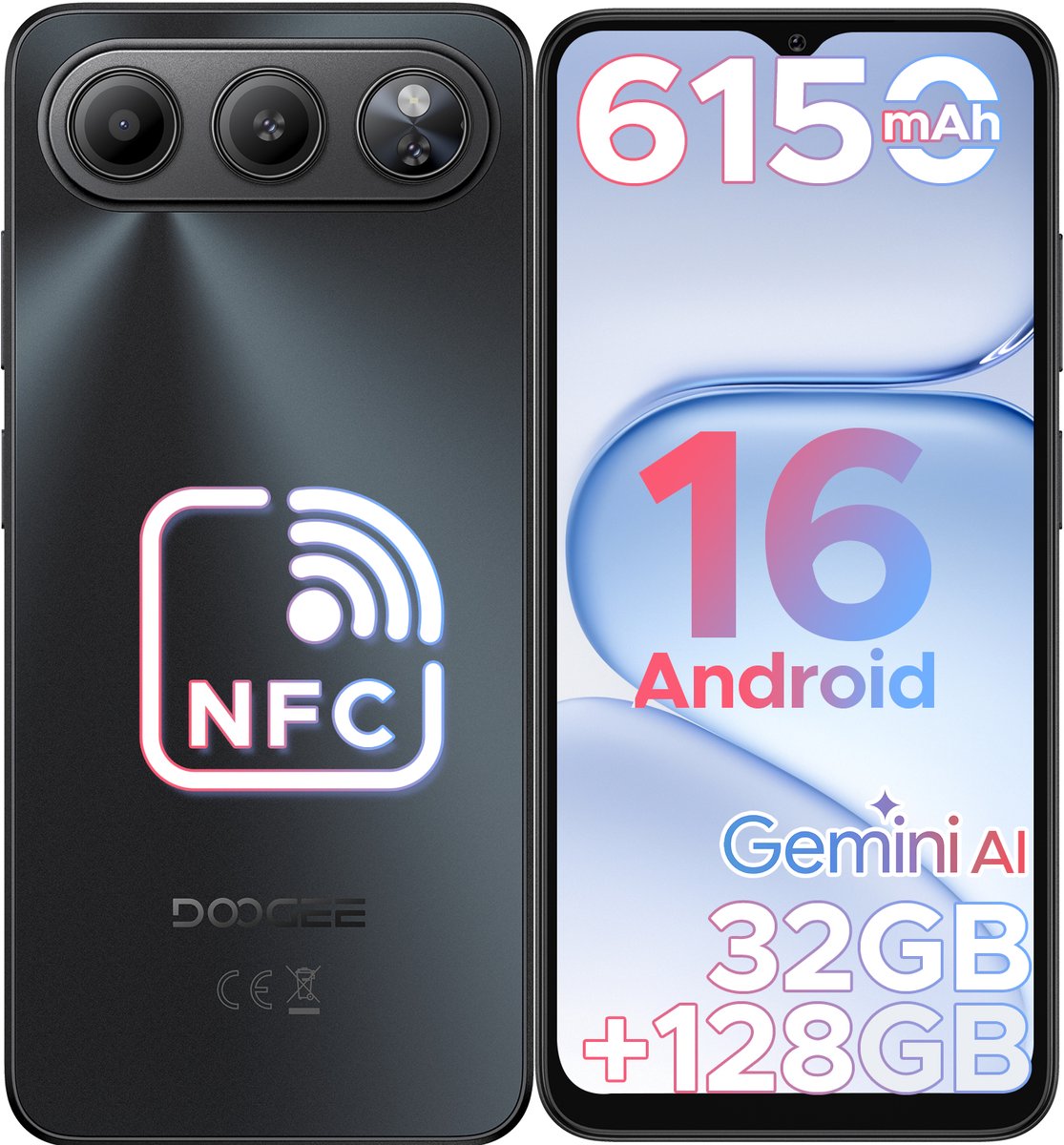 DOOGEE Note 60 - 4G Dual SIM Smartphone - Android 16 -32 GB RAM + 128 GB ROM / 2 TB TF - UNISOC T7225 - 6150 mAh - 8,5 mm ultraslank - 6,56 inch HD+ - 13 MP + 5 MP- NFC - Vingerafdruk - Gezichtsherkenning -Zwart