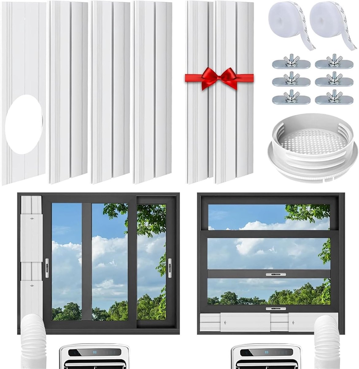 Mobiele airconditioning raamafdichting, verstelbare raamglijplaat kit met universele adapter 13/15 cm (verstelbare lengte: 43-225 cm)
