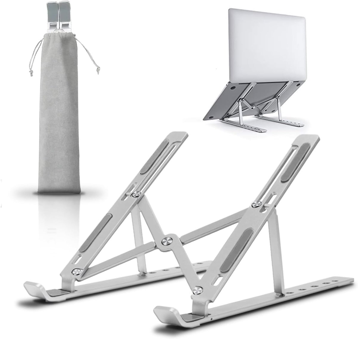 Laptopstandaard van aluminium, verstelbaar, 7 hoeken, nachtkastje, koeling, compatibel met pc's van 10-15,6 inch MacBook Air, Pro, inclusief tas, antislip siliconen
