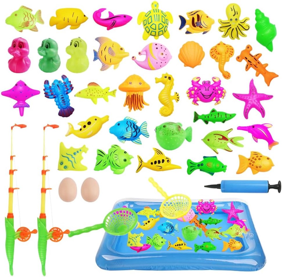 41 stuks visspeelgoed, visspel voor kinderen jaar, babybadspeelgoed, waterspeelgoed met vissen en opblaasbare visvijver, cadeau voor kinderen