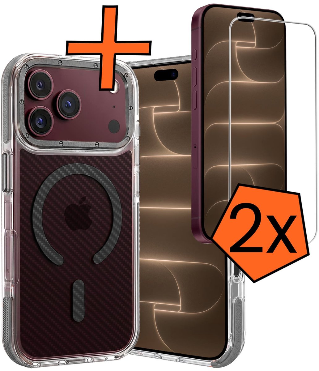 Hoes - Met 2x Screenprotector - Geschikt voor Apple iPhone 18 Pro Max - Magsafe Compatible - Carbon Look - Sterk & Shockproof - Back Cover - Shock Proof Case - Telefoon Hoes - Grijs