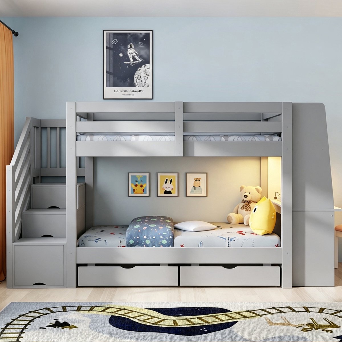 DESMIU Stapelbed 90 x 200 cm - Ingebouwd Bureau met Boekenkast en LED-Verlichting - Twee Lades en Stopcontact - Voor Kinderkamer - Hout - Zonder Matras - Grijs