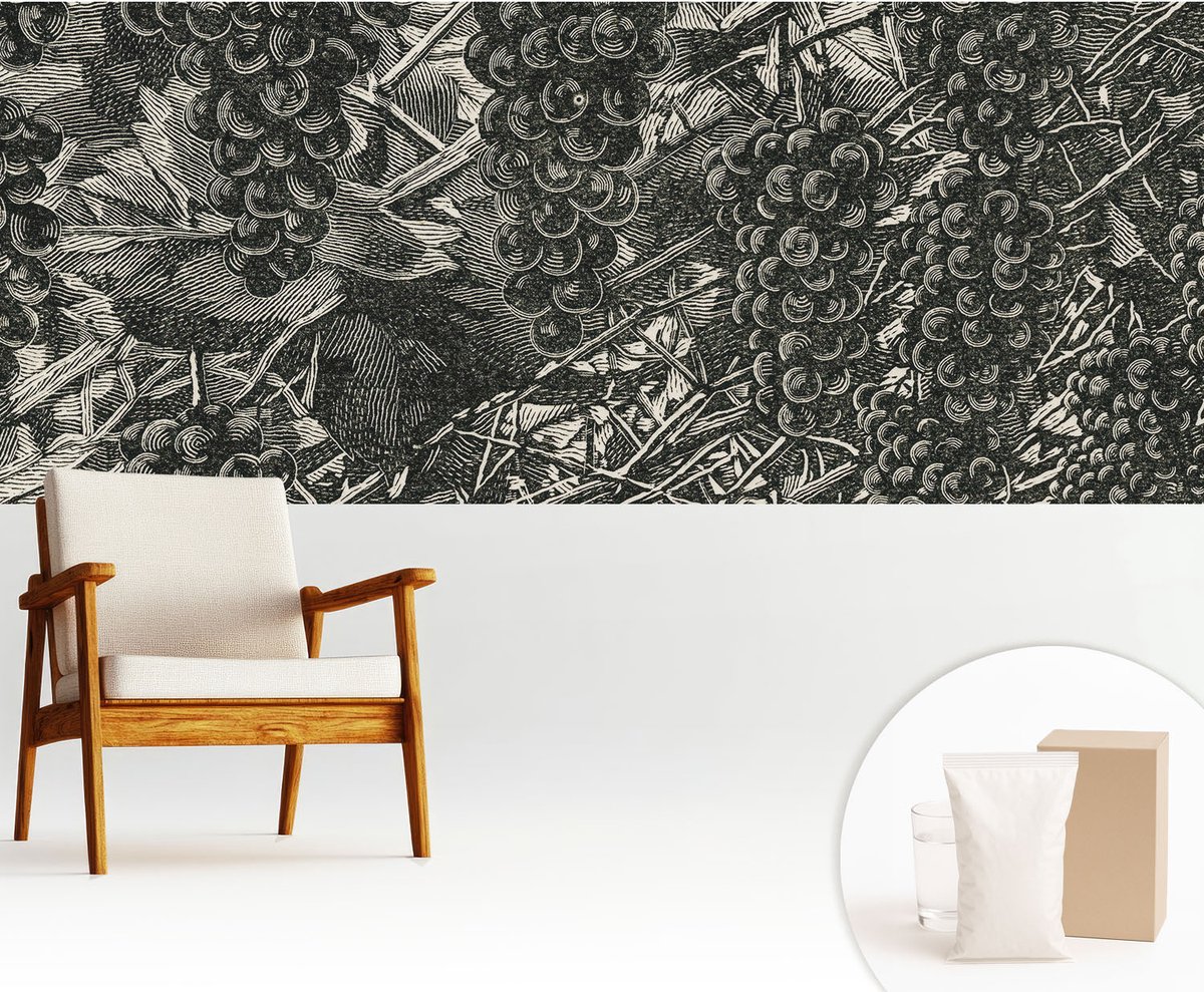 Wallfluent Fotobehang - Zwart-Wit Vliesbehang - 250x104 cm - Druivenafdruk Fotobehang Vlies - Hal behang Bloemen En Planten - Muurschildering - Woonkamer behang