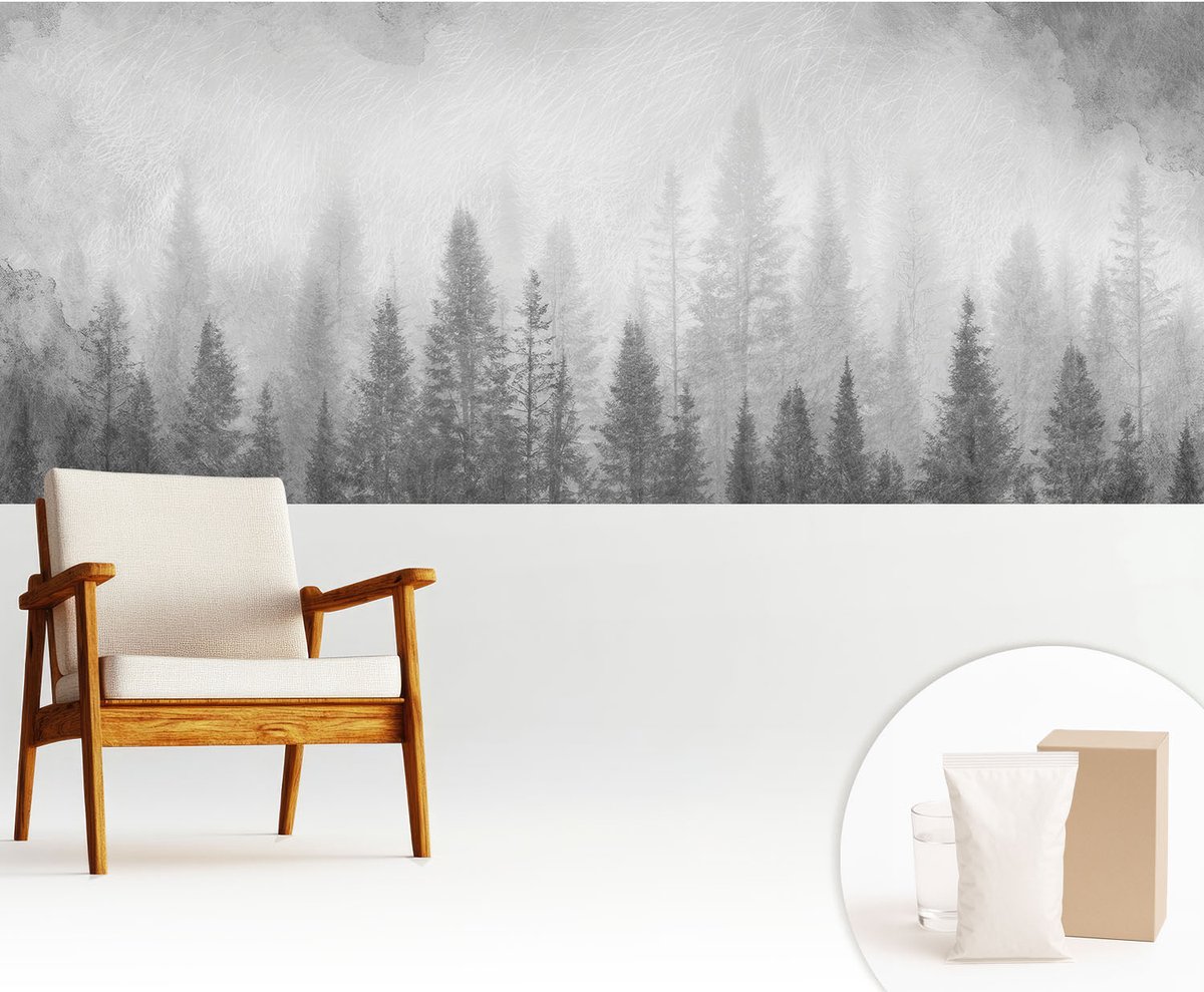Wallfluent Fotobehang - Zwart-Wit Vliesbehang - 250x104 cm - Bosmist Fotobehang Vlies - Hal behang Landschappen - Muurschildering - Woonkamer behang