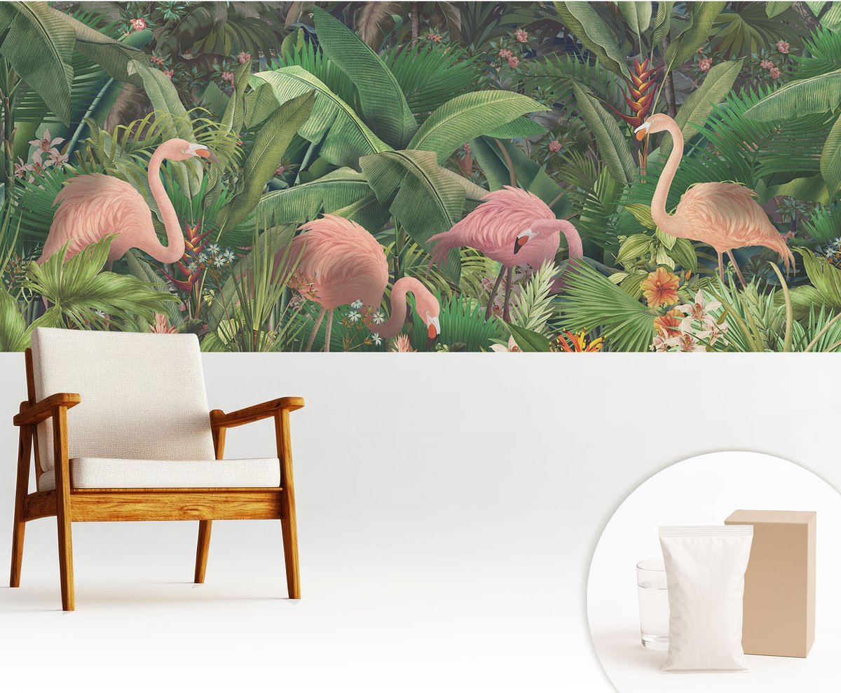 Wallfluent Fotobehang - Groente Vliesbehang - 250x104 cm - Roze Flamingo'S Fotobehang Vlies - Woonkamer behang Bloemen En Planten - Muurschildering - Hal behang