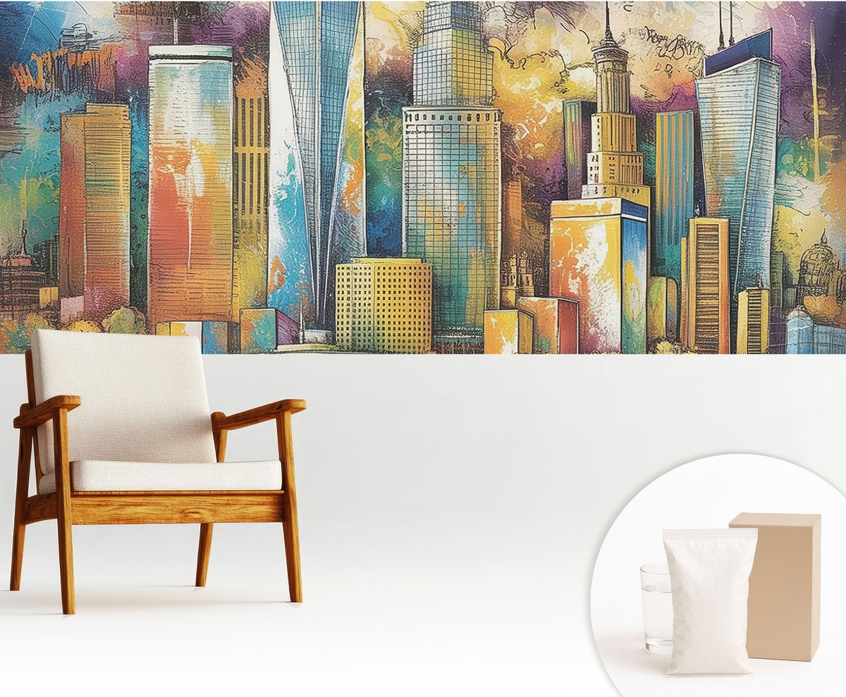 Wallfluent Fotobehang - Blauw Vliesbehang - 250x104 cm - Stadspanorama Muurschildering - Slaapkamer behang Architectuur - Fotobehang Vlies - Slaapkamer behang