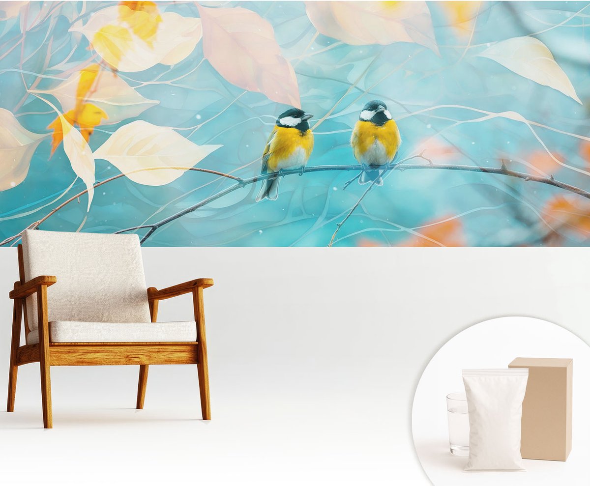 Wallfluent Fotobehang - Blauw Vliesbehang - 250x104 cm - Lente Vogels Fotobehang Vlies - Hal behang Dieren - Muurschildering - Woonkamer behang