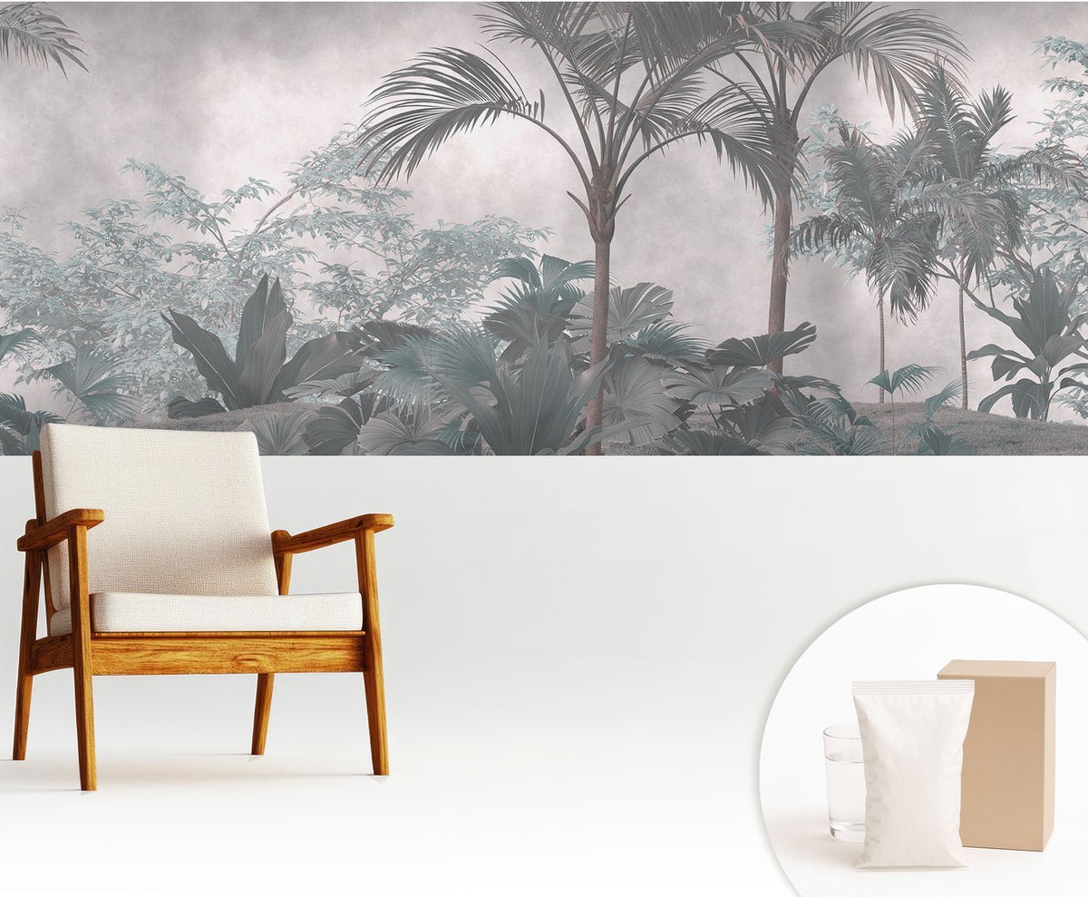 Wallfluent Fotobehang - Grijs Vliesbehang - 250x104 cm - Exotische Natuur Muurschildering - Slaapkamer behang Bloemen En Planten - Fotobehang Vlies - Slaapkamer behang