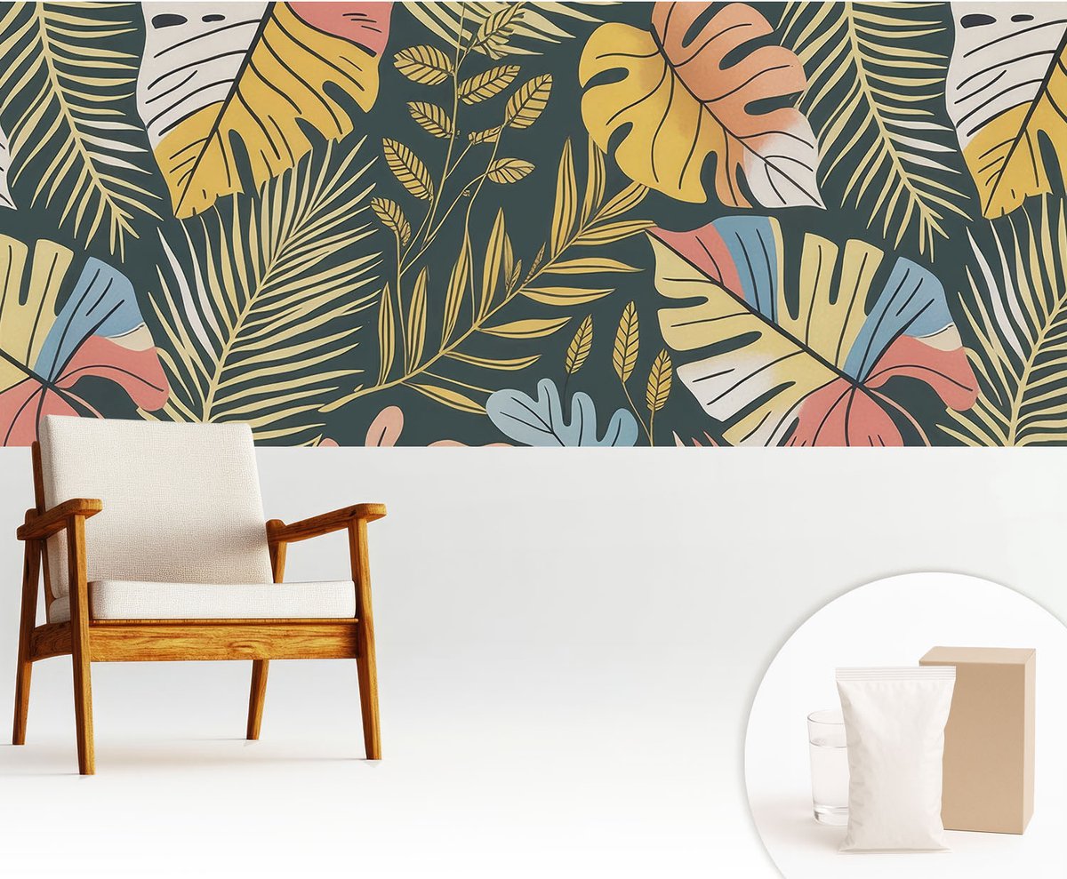 Wallfluent Fotobehang - Geel Vliesbehang - 250x104 cm - Tropische Energie Fotobehang Vlies - Woonkamer behang Bloemen En Planten - Muurschildering - Woonkamer behang