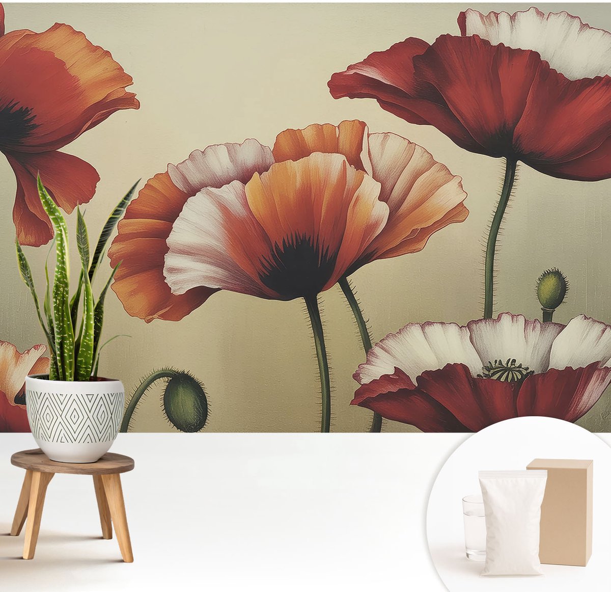 Wallfluent Fotobehang - Oranje Vliesbehang - 208x146 cm - Vrolijke Klaprozen Muurschildering - Gang behang Bloemen En Planten - Fotobehang Vlies - Slaapkamer behang