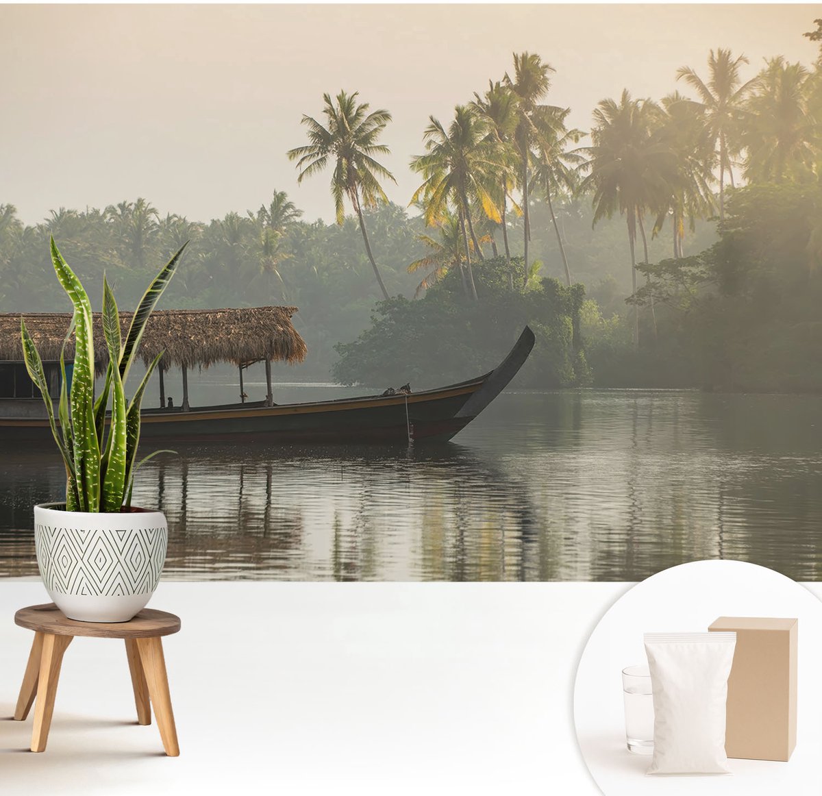 Wallfluent Fotobehang - Grijs Vliesbehang - 208x146 cm - Tropisch Paradijs Fotobehang Vlies - Hal behang Landschappen - Muurschildering - Woonkamer behang