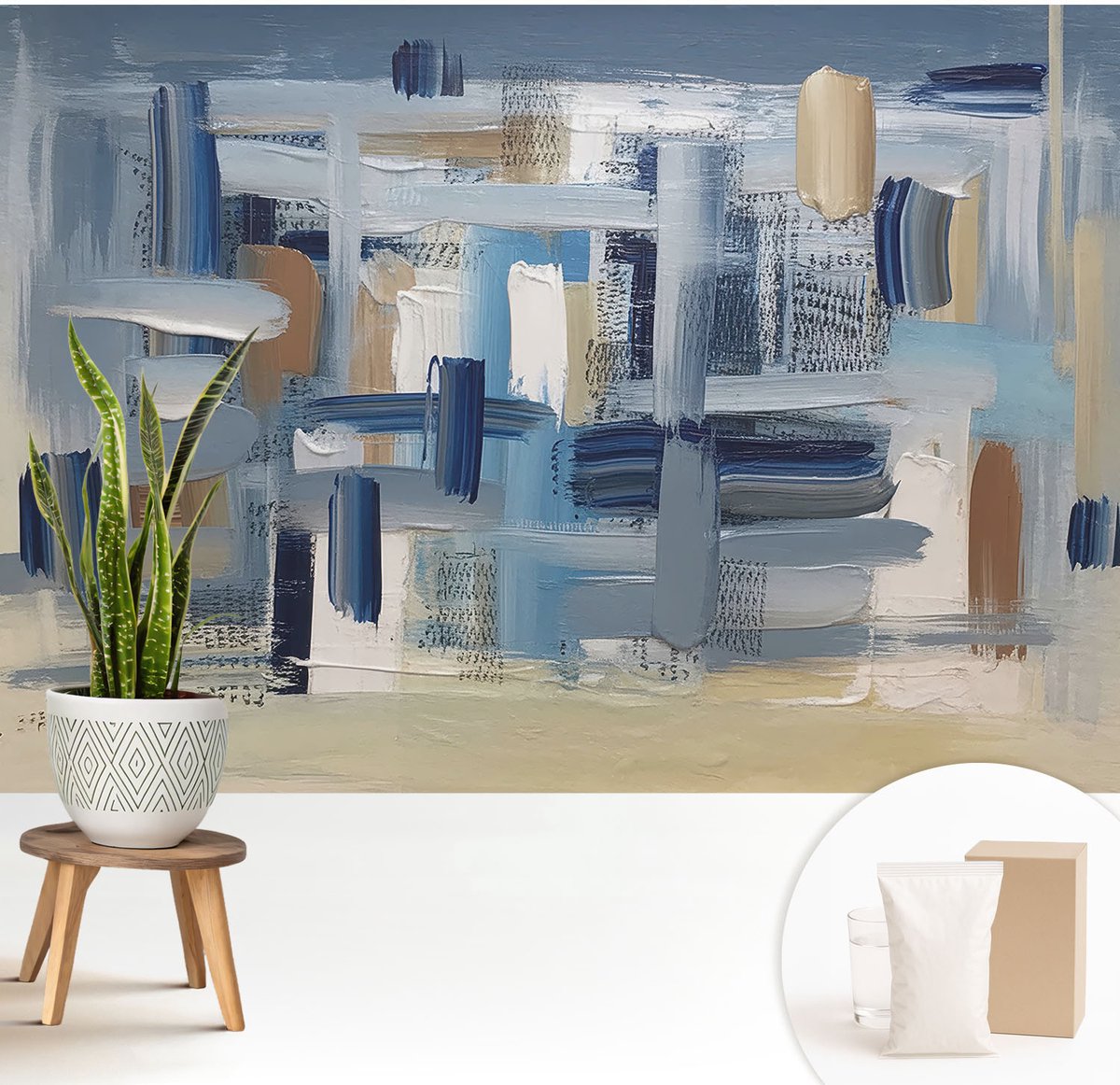 Wallfluent Fotobehang - Blauw Vliesbehang - 208x146 cm - Abstracte Penselen Muurschildering - Gang behang Abstractie - Fotobehang Vlies - Slaapkamer behang