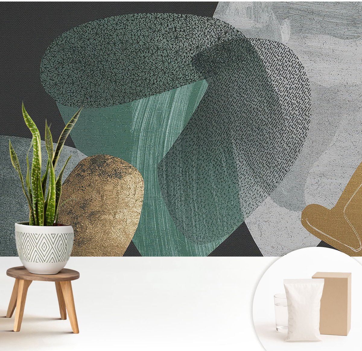 Wallfluent Fotobehang - Groente Vliesbehang - 208x146 cm - Abstracte Geometrie Muurschildering - Slaapkamer behang Deel - Fotobehang Vlies - Gang behang