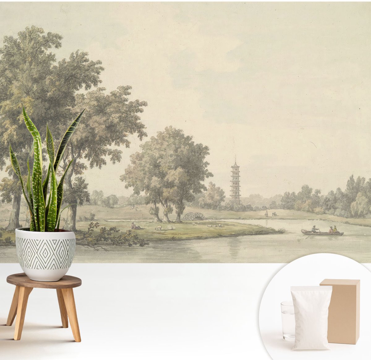 Wallfluent Fotobehang - Grijs Vliesbehang - 208x146 cm - Een Rustig Park Fotobehang Vlies - Woonkamer behang Landschappen - Muurschildering - Woonkamer behang
