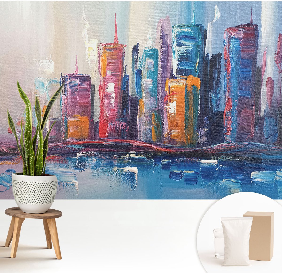 Wallfluent Fotobehang - Blauw Vliesbehang - 208x146 cm - Kleurrijke Stad Muurschildering - Gang behang Deel - Fotobehang Vlies - Slaapkamer behang