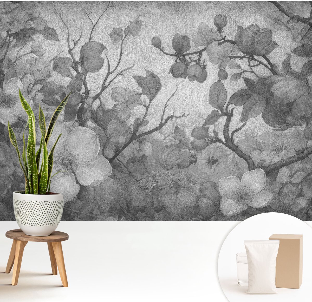 Wallfluent Fotobehang - Zwart-Wit Vliesbehang - 208x146 cm - Bloemtak Muurschildering - Gang behang Bloemen En Planten - Fotobehang Vlies - Slaapkamer behang