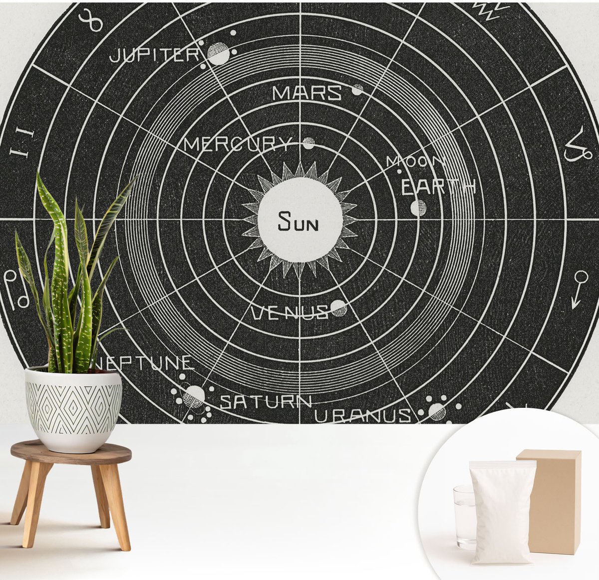 Wallfluent Fotobehang - Zwart Vliesbehang - 208x146 cm - Kosmisch Diagram Muurschildering - Gang behang Kosmos - Fotobehang Vlies - Slaapkamer behang