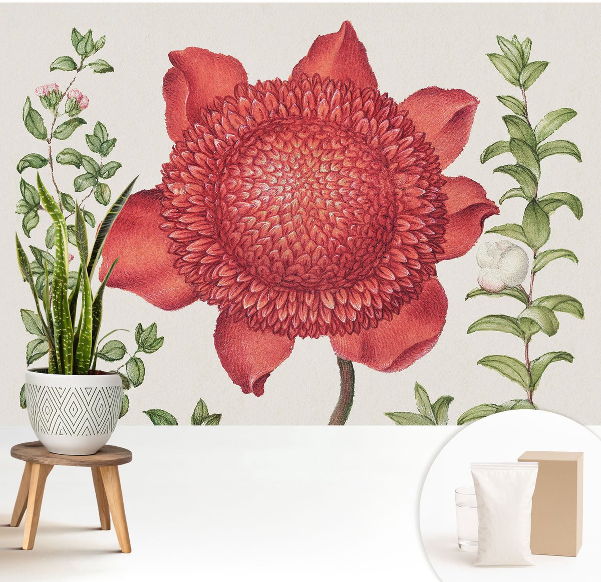 Wallfluent Fotobehang - Rood Vliesbehang - 208x146 cm - Bloemige Elegantie Fotobehang Vlies - Hal behang Bloemen En Planten - Muurschildering - Hal behang