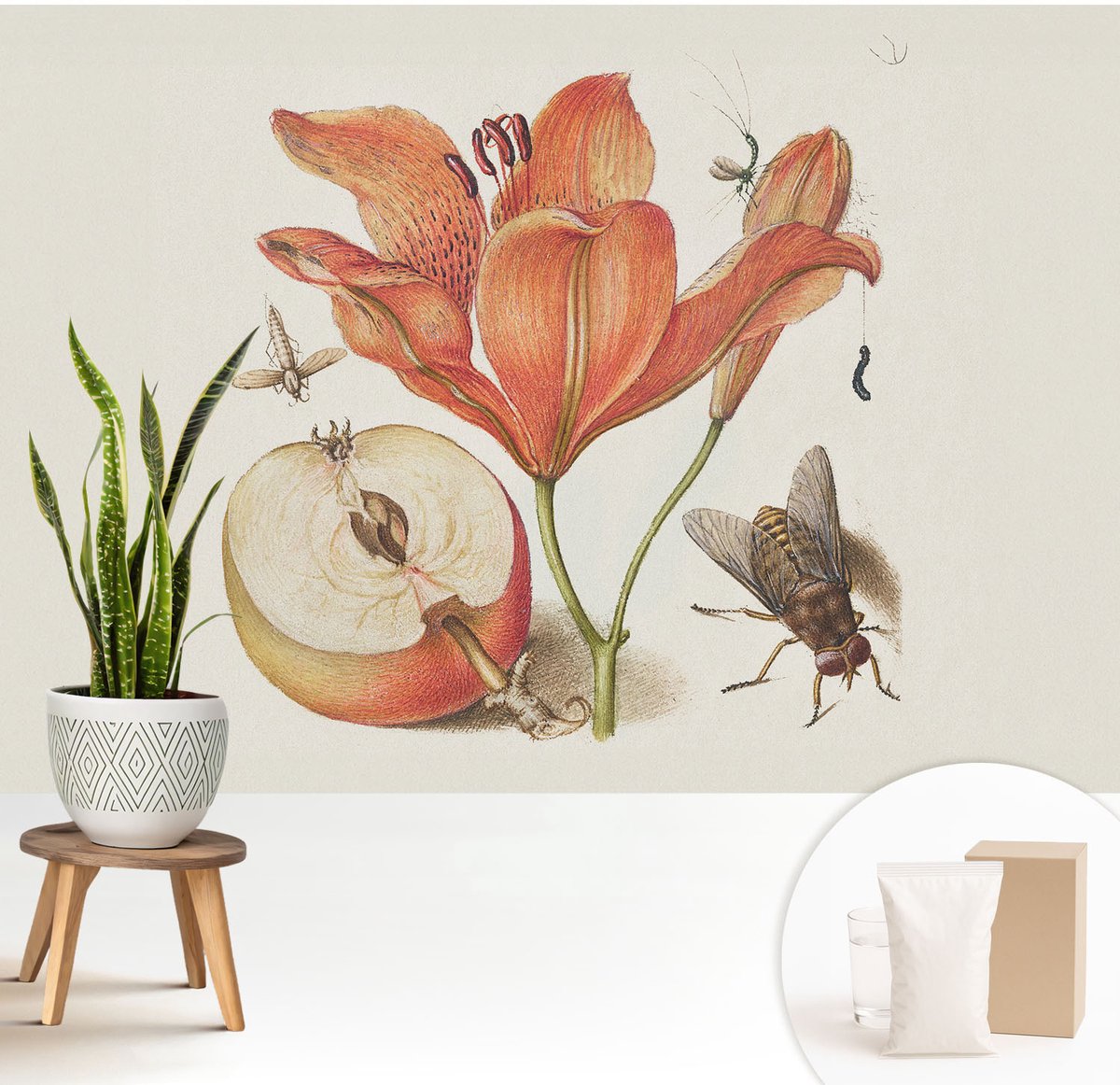 Wallfluent Fotobehang - Romig Vliesbehang - 208x146 cm - Botanische Illustratie Fotobehang Vlies - Woonkamer behang Bloemen En Planten - Muurschildering - Hal behang