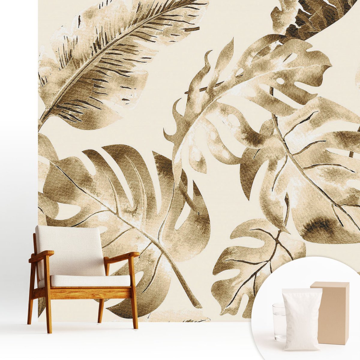 Wallfluent Fotobehang - Beige Vliesbehang - 250x250 cm - Exotische Flora Fotobehang Vlies - Hal behang Bloemen En Planten - Muurschildering - Woonkamer behang