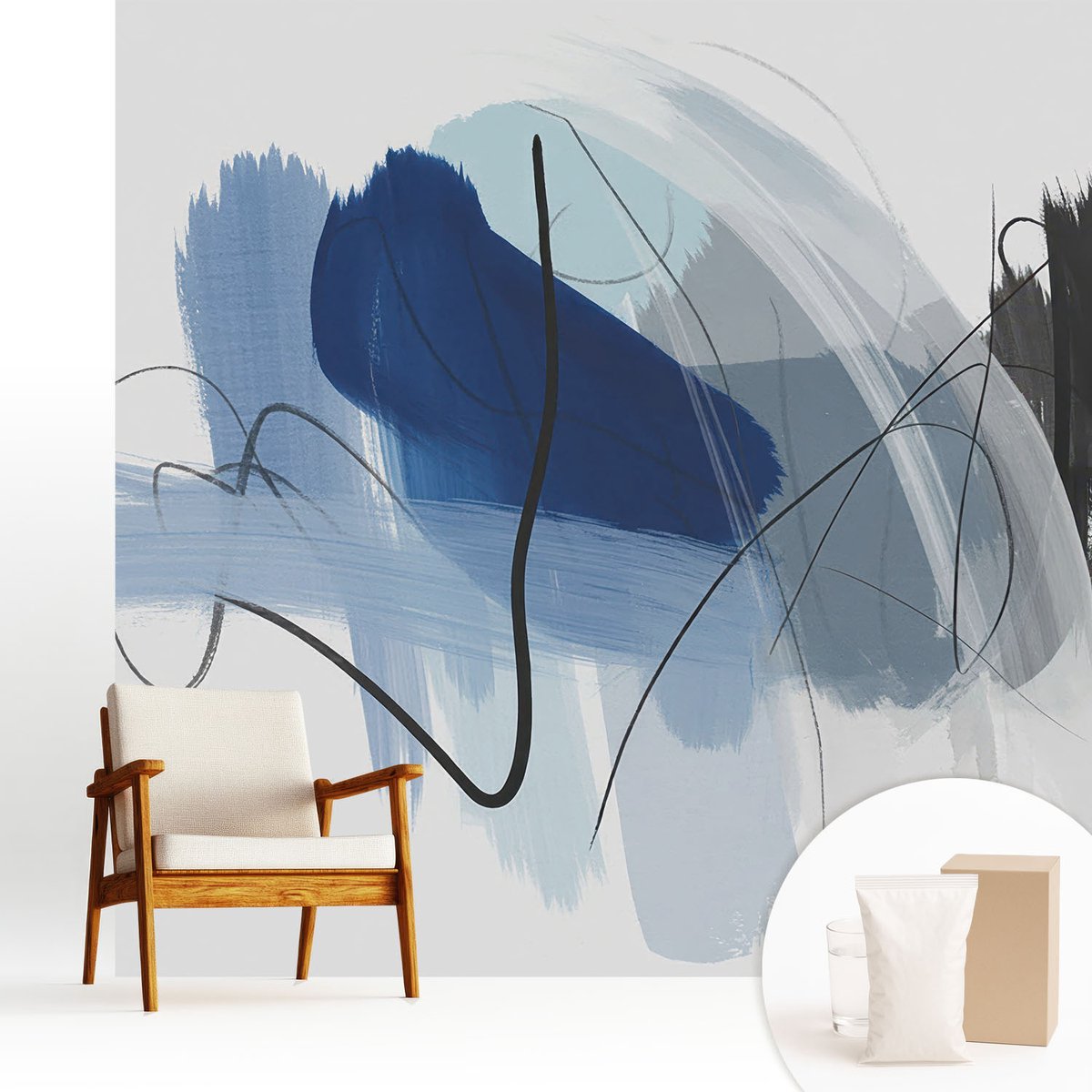Wallfluent Fotobehang - Blauw Vliesbehang - 250x250 cm - Kleurrijke Abstracties Fotobehang Vlies - Hal behang Abstractie - Muurschildering - Woonkamer behang