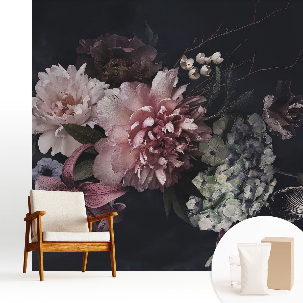 Wallfluent Fotobehang - Zwart Vliesbehang - 250x250 cm - Bloemarrangement Muurschildering - Gang behang Bloemen En Planten - Fotobehang Vlies - Gang behang