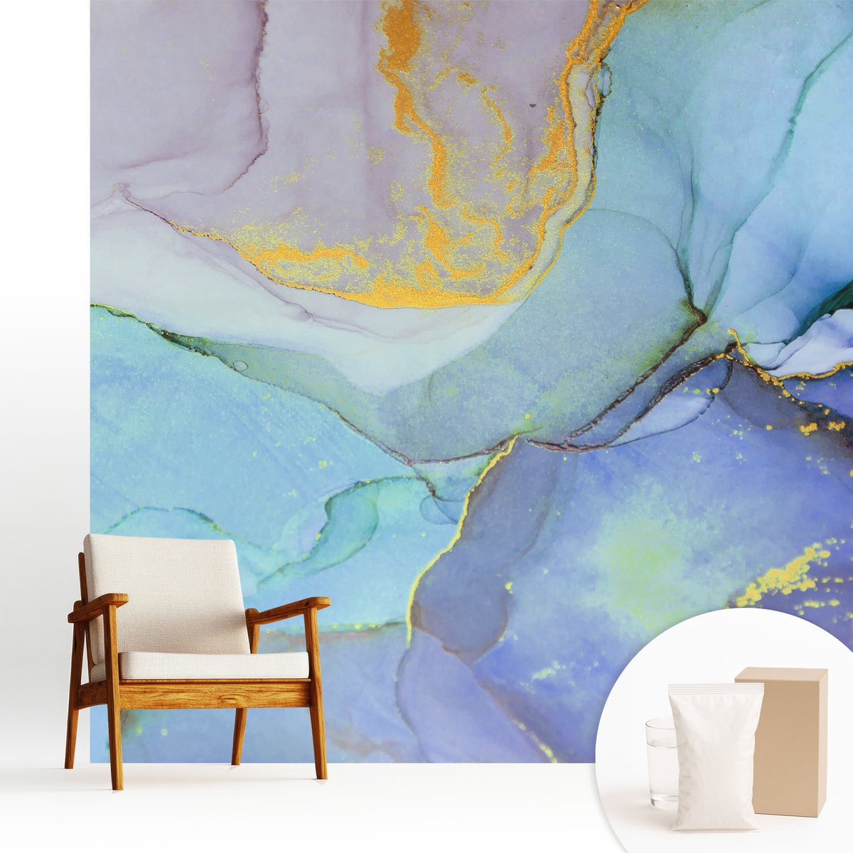 Wallfluent Fotobehang - Blauw Vliesbehang - 250x250 cm - Aquarelvormen Fotobehang Vlies - Hal behang Abstractie - Muurschildering - Hal behang
