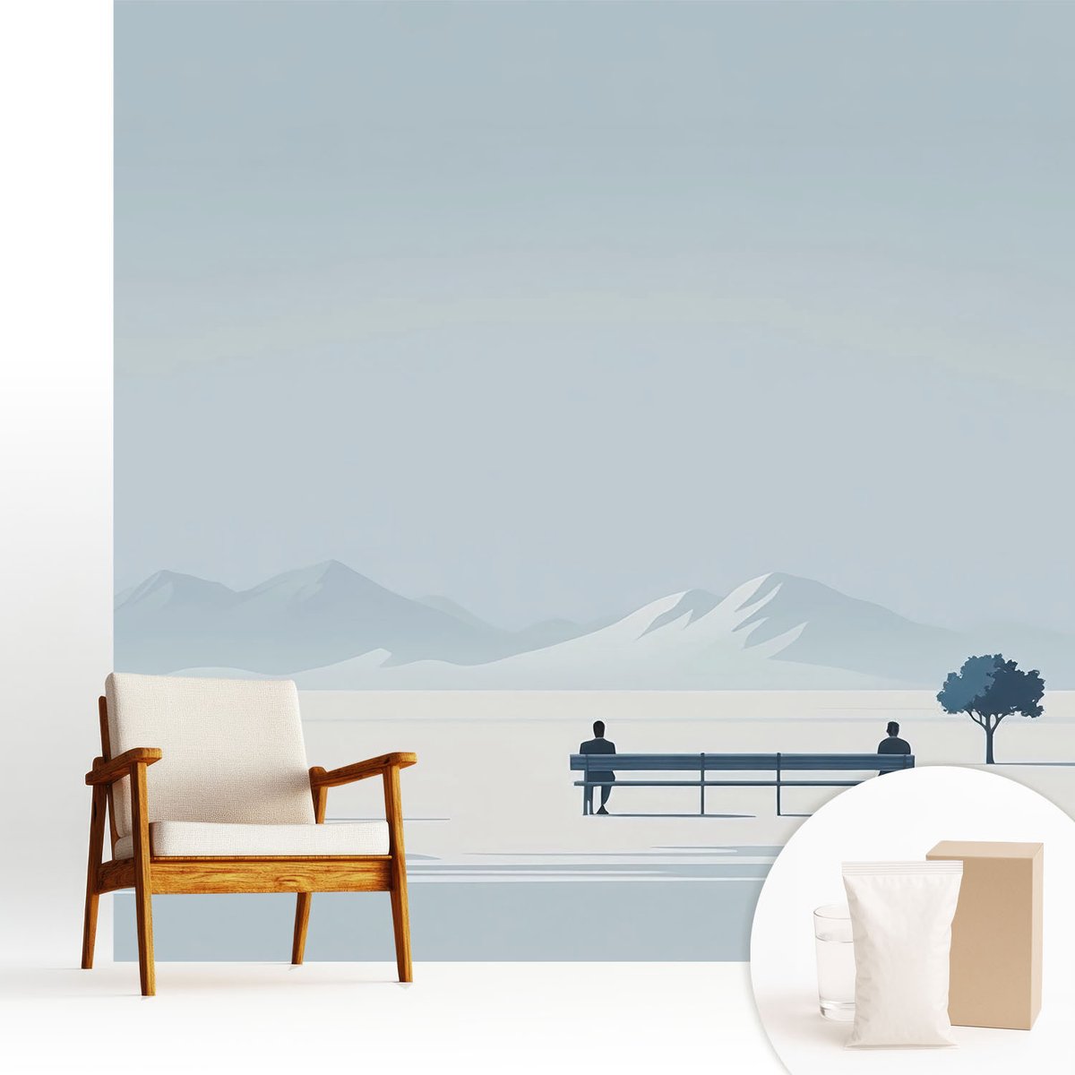 Wallfluent Fotobehang - Blauw Vliesbehang - 250x250 cm - Minimalistisch Landschap Fotobehang Vlies - Hal behang Landschappen - Muurschildering - Woonkamer behang