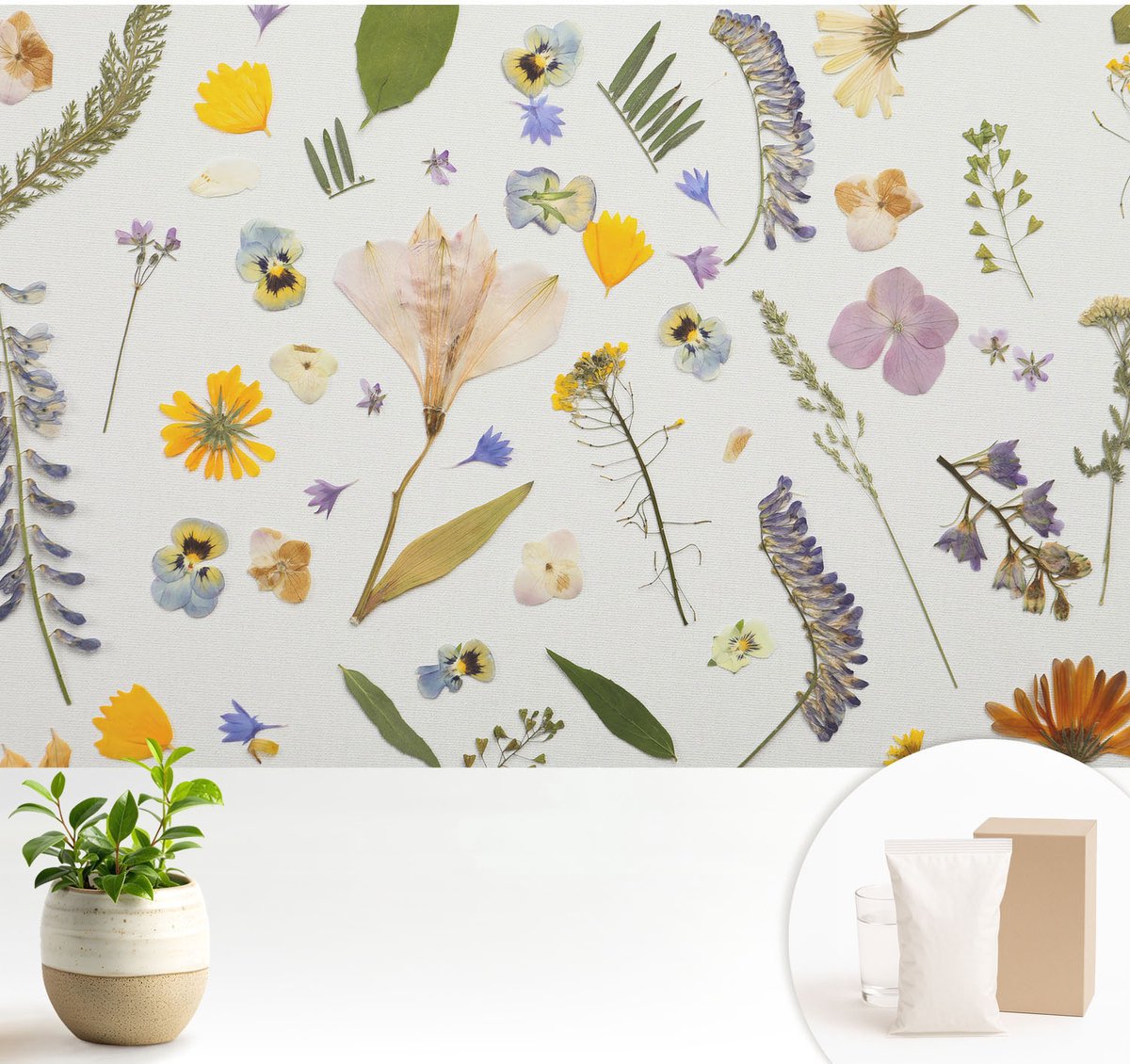 Wallfluent Fotobehang - Wit Vliesbehang - 104x70 cm - Lentebloemen Fotobehang Vlies - Woonkamer behang Bloemen En Planten - Muurschildering - Woonkamer behang