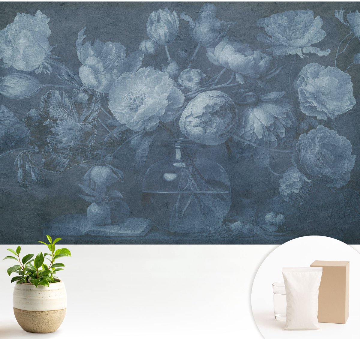 Wallfluent Fotobehang - Blauw Vliesbehang - 104x70 cm - Bloemarrangement Muurschildering - Slaapkamer behang Bloemen En Planten - Fotobehang Vlies - Slaapkamer behang