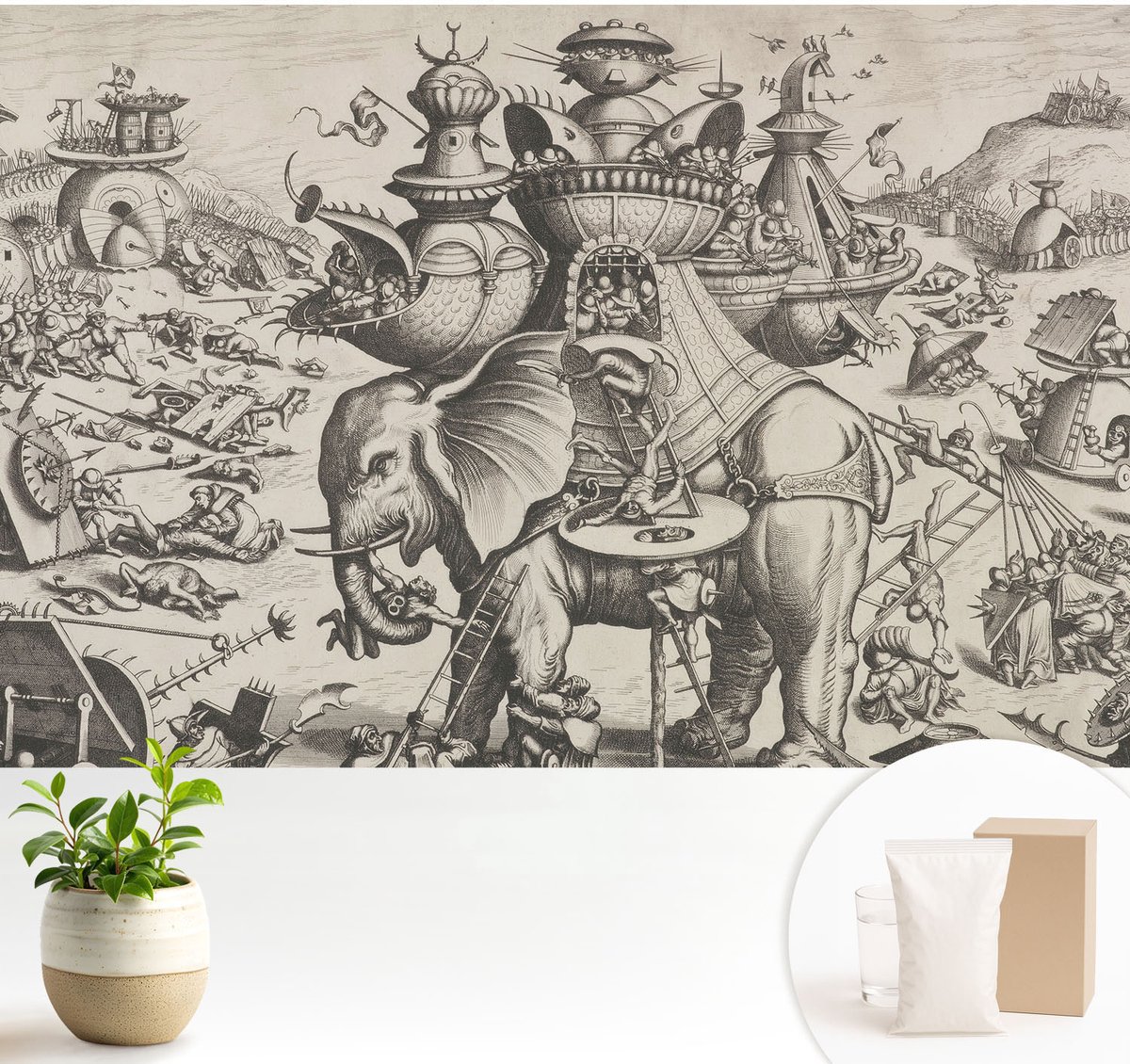 Wallfluent Fotobehang - Zwart-Wit Vliesbehang - 104x70 cm - Een Groteske Strijd Fotobehang Vlies - Hal behang Deel - Muurschildering - Woonkamer behang