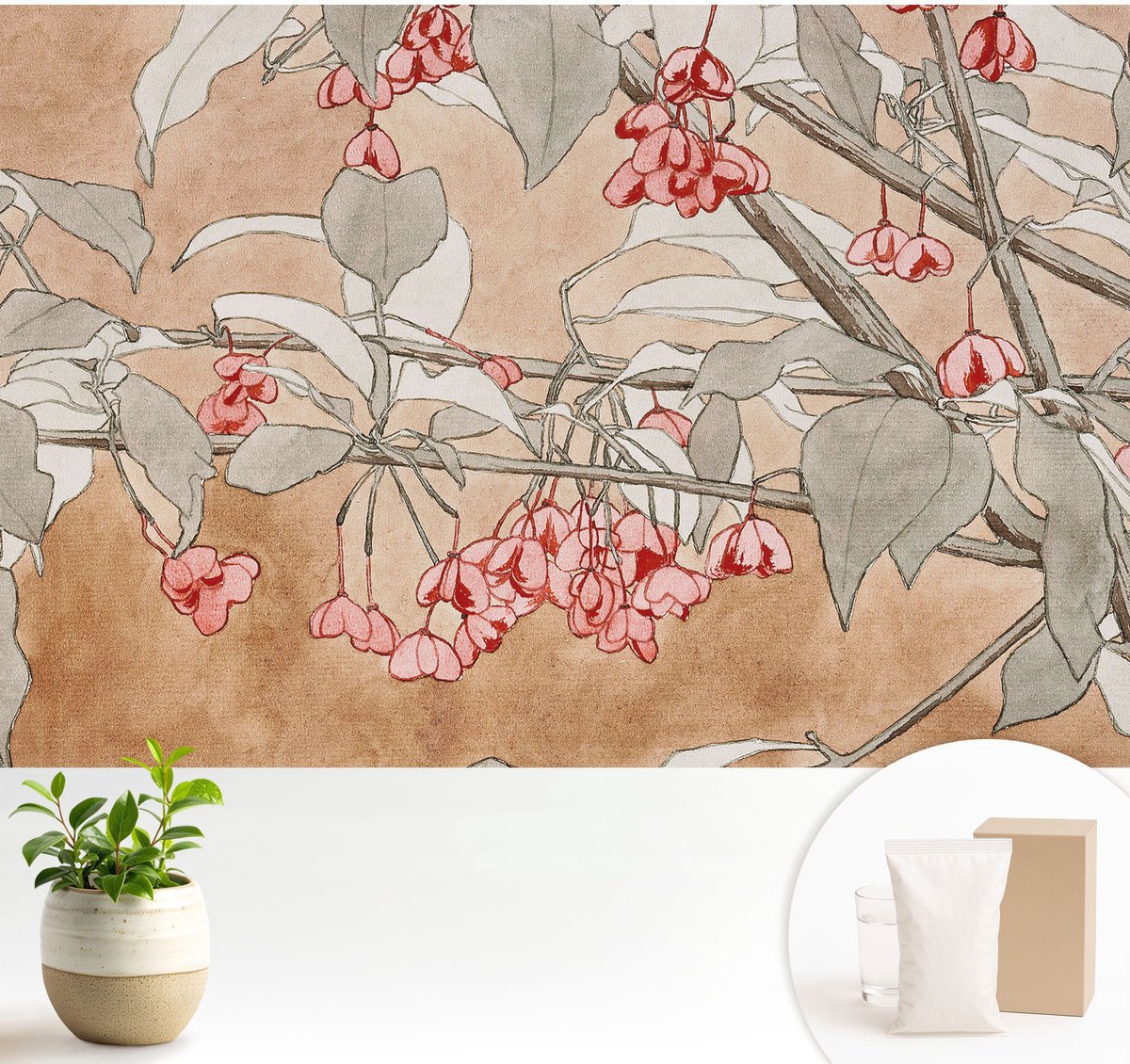 Wallfluent Fotobehang - Bruin Vliesbehang - 104x70 cm - Bloemenharmonie Fotobehang Vlies - Hal behang Bloemen En Planten - Muurschildering - Woonkamer behang