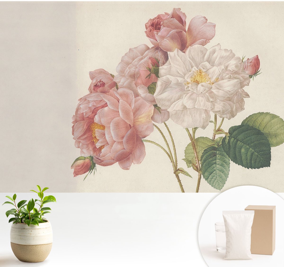 Wallfluent Fotobehang - Roze Vliesbehang - 104x70 cm - Romantische Rozen Fotobehang Vlies - Woonkamer behang Bloemen En Planten - Muurschildering - Woonkamer behang