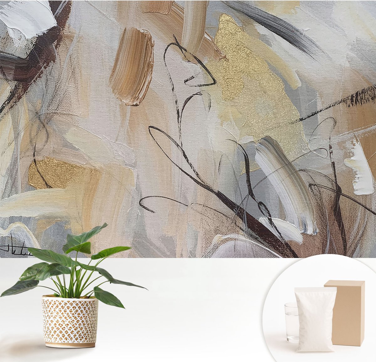 Wallfluent Fotobehang - Beige Vliesbehang - 152x104 cm - Abstracte Compositie Fotobehang Vlies - Woonkamer behang Abstractie - Muurschildering - Hal behang