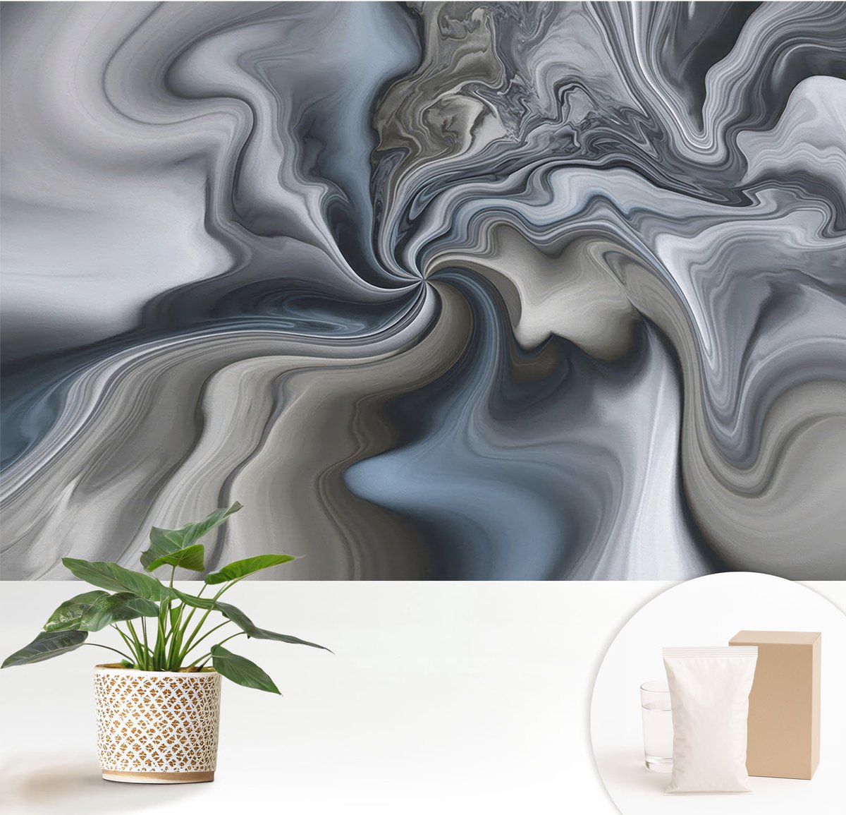 Wallfluent Fotobehang - Grijs Vliesbehang - 152x104 cm - Wervelende Wolken Muurschildering - Gang behang Abstractie - Fotobehang Vlies - Slaapkamer behang
