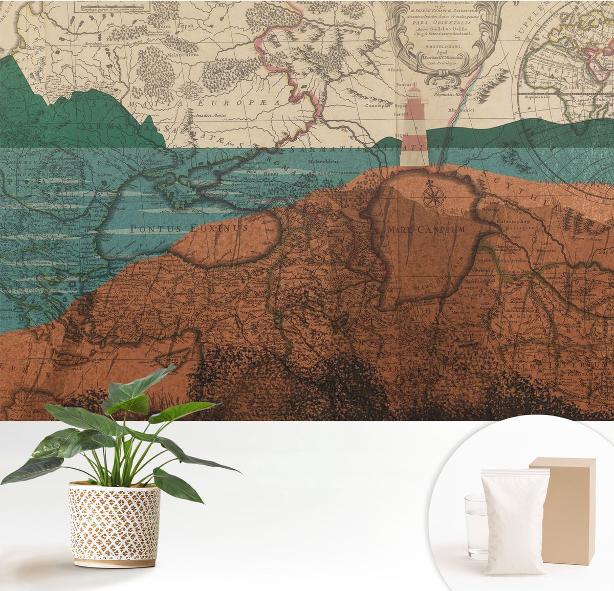 Wallfluent Fotobehang - Bruin Vliesbehang - 152x104 cm - Historische Kaart Muurschildering - Gang behang Kaarten - Fotobehang Vlies - Gang behang