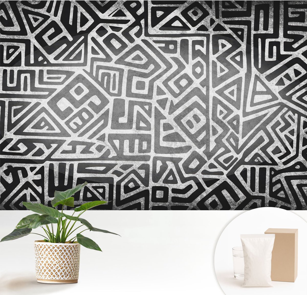Wallfluent Fotobehang - Zwart-Wit Vliesbehang - 152x104 cm - Geometrisch Doolhof Muurschildering - Slaapkamer behang Geometrie - Fotobehang Vlies - Gang behang