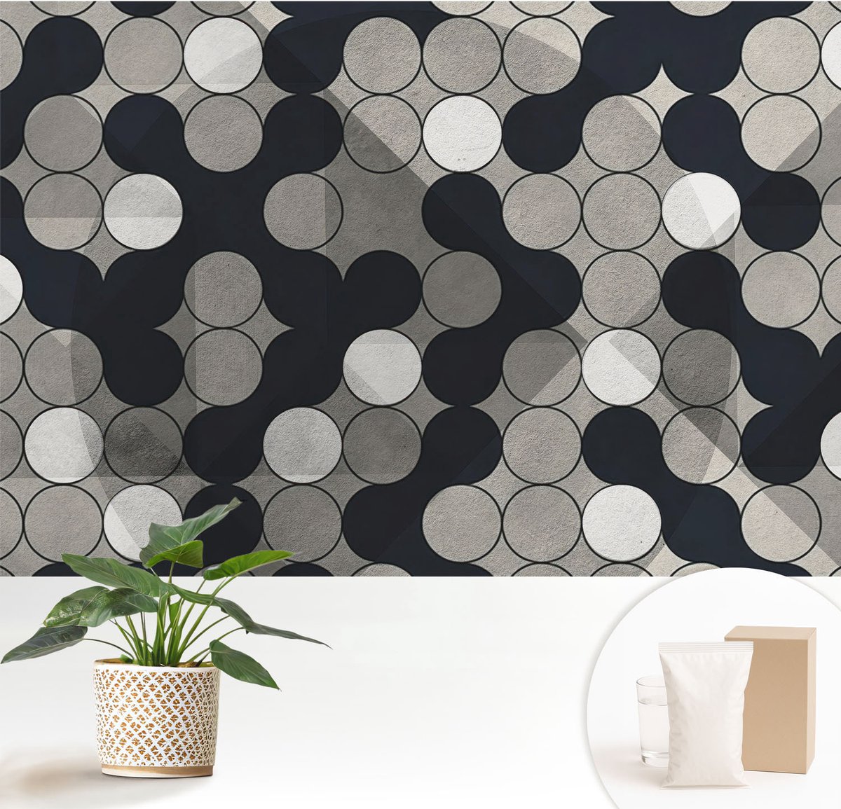 Wallfluent Fotobehang - Zwart Vliesbehang - 152x104 cm - Geometrische Cirkels Muurschildering - Slaapkamer behang Geometrie - Fotobehang Vlies - Gang behang