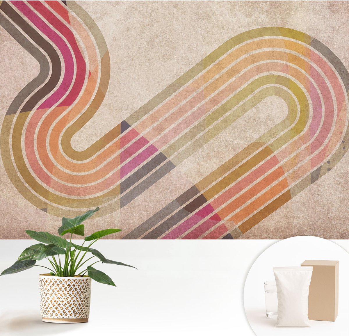 Wallfluent Fotobehang - Beige Vliesbehang - 152x104 cm - Geometrische Lijnen Muurschildering - Slaapkamer behang Abstractie - Fotobehang Vlies - Gang behang