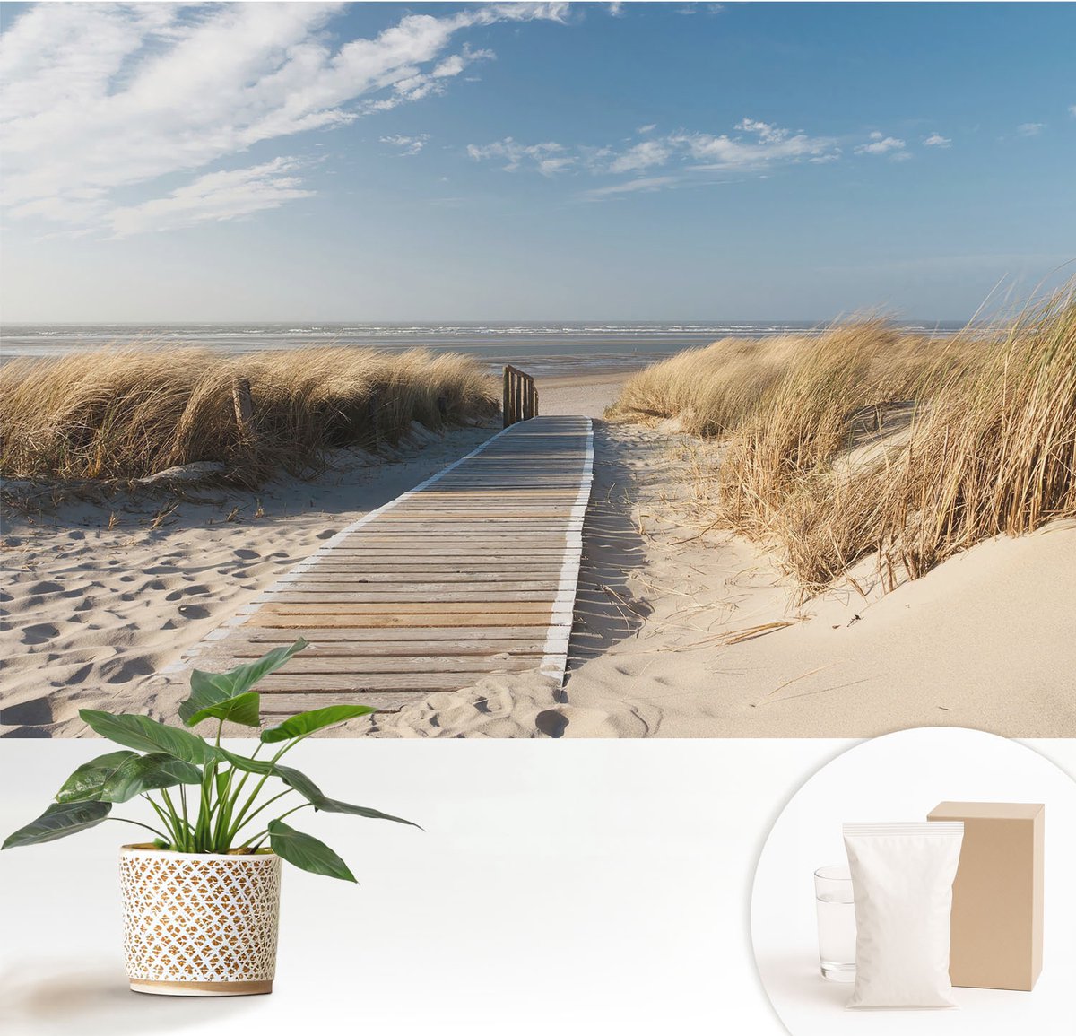 Wallfluent Fotobehang - Blauw Vliesbehang - 152x104 cm - Zeepad Muurschildering - Slaapkamer behang Landschappen - Fotobehang Vlies - Slaapkamer behang