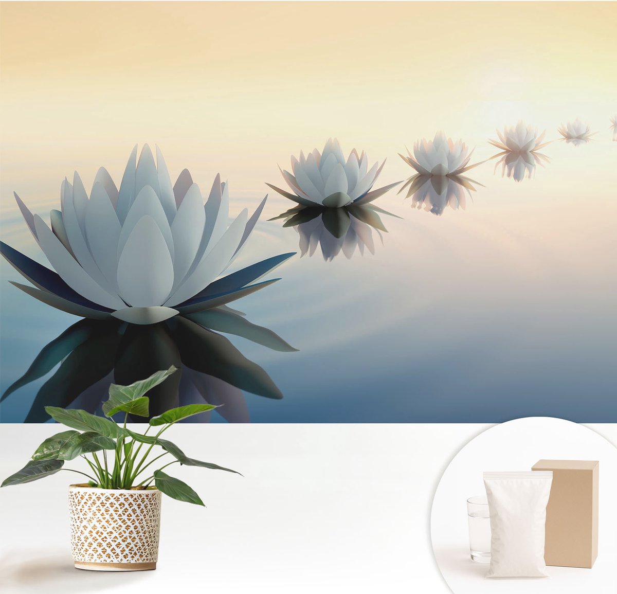 Wallfluent Fotobehang - Wit Vliesbehang - 152x104 cm - Een Vredig Uitzicht Muurschildering - Slaapkamer behang Bloemen En Planten - Fotobehang Vlies - Gang behang